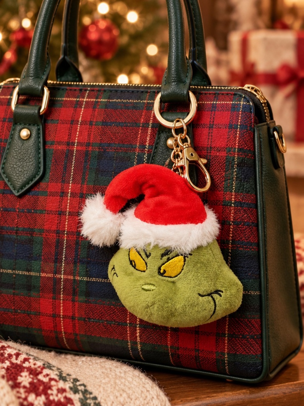 Dr. Seuss The Grinch Plush Keychain Bag Charm Santa Hat NWT